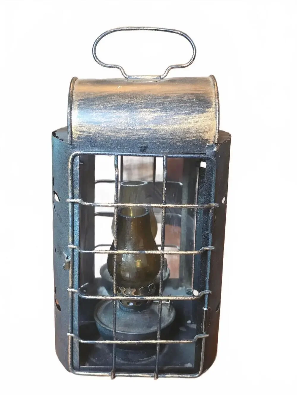 Vintage Punched Metal Lantern with Mini Oil Lamp Light